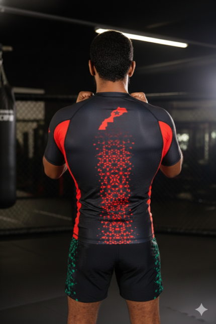 Combattant portant un ensemble rashguard Moroccan Punch noir et rouge avec emblème marocain et lion Atlas dans une salle MMA premium, tenue idéale pour Jiu Jitsu, Muay Thai, MMA et CrossFit