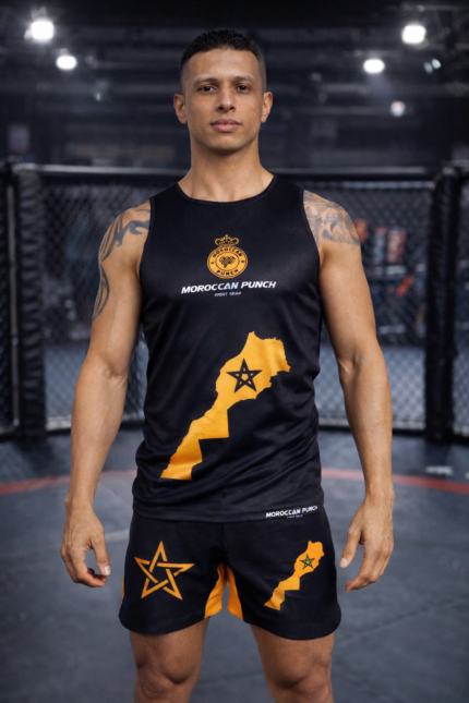 Combattant portant un ensemble débardeur Moroccan Punch noir avec carte du Maroc dorée dans une cage MMA premium, tenue idéale pour Muay Thai, fitness, CrossFit et sports de combat