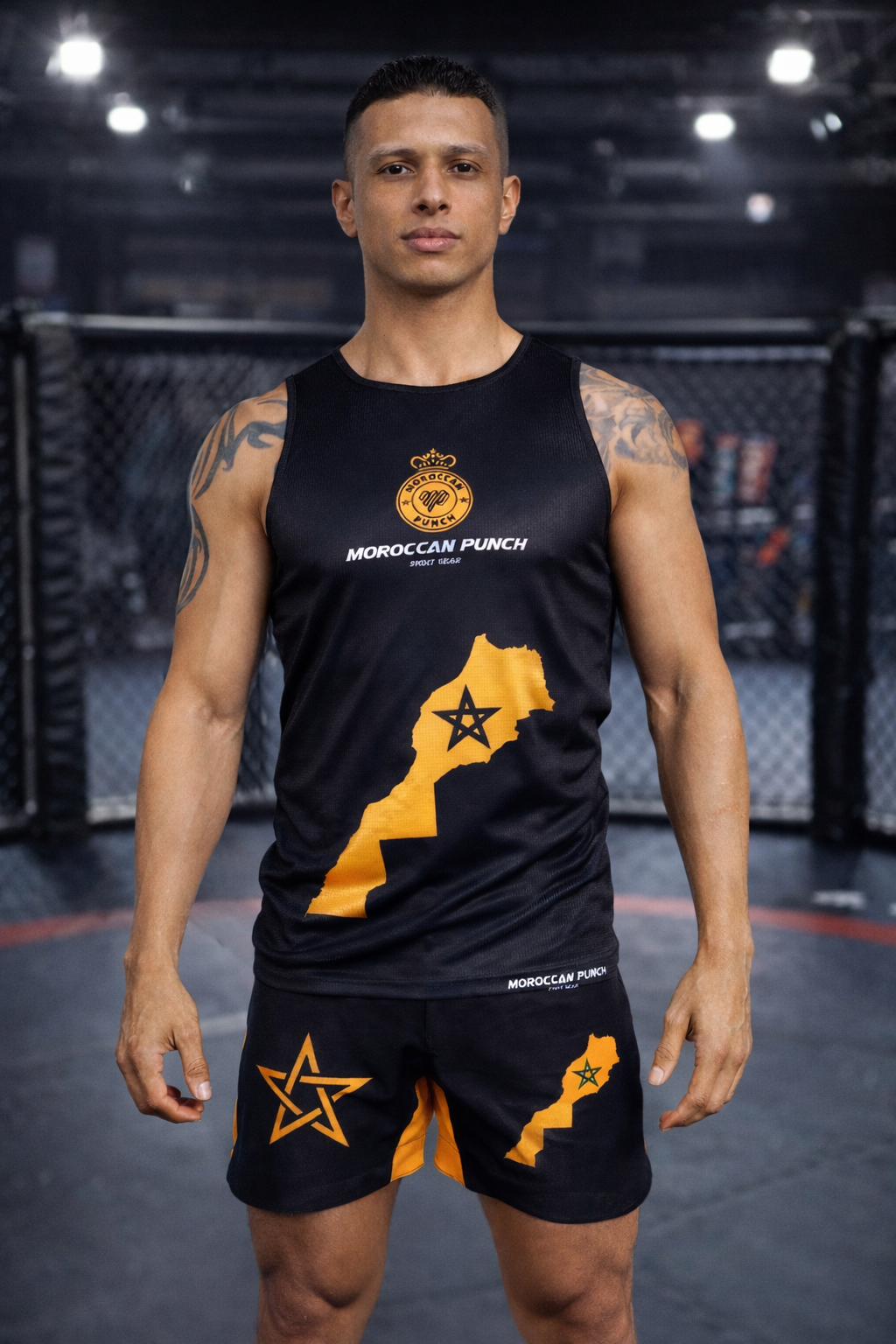 Moroccan Punch Débardeur Noir Carte Maroc Jaune édition Spéciale Silver club Combattant portant un ensemble débardeur Moroccan Punch noir avec carte du Maroc dorée dans une cage MMA premium, tenue idéale pour Muay Thai, fitness, CrossFit et sports de combat