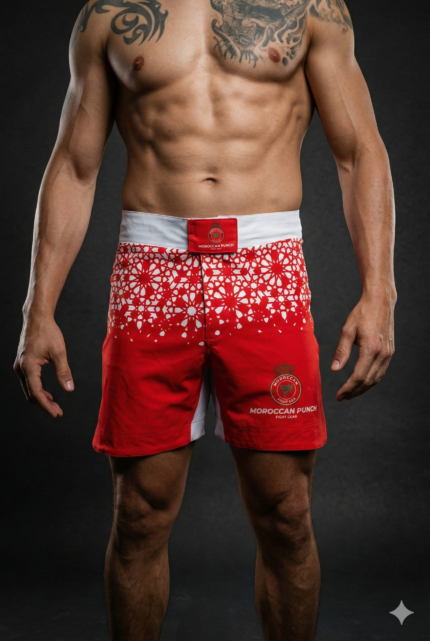 Short de combat Moroccan Punch rouge et blanc avec motifs marocains traditionnels, porté par un athlète dans une salle MMA premium, idéal pour Muay Thai, Jiu Jitsu, CrossFit et sports de combat