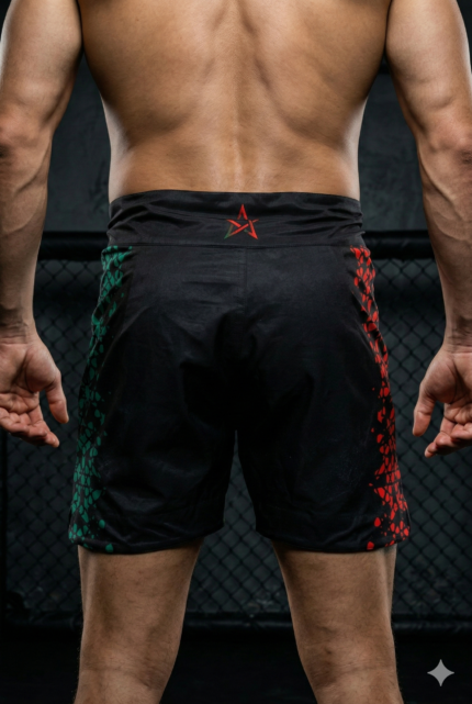 Short de combat Moroccan Punch noir avec lion Atlas et carte du Maroc rouge, porté dans une cage MMA premium, idéal pour Muay Thai, Jiu Jitsu, MMA et CrossFit