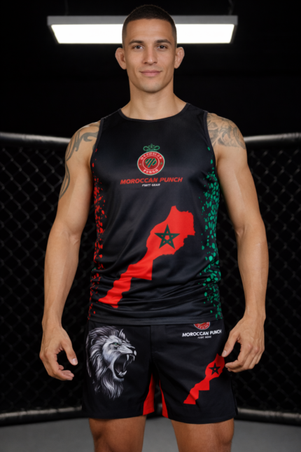 Athlète portant un débardeur Moroccan Punch noir avec carte du Maroc rouge et short MMA assorti dans une cage de combat, tenue premium pour Muay Thai, MMA, Jiu-Jitsu, fitness et sports de combat.