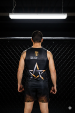 Combattant portant un ensemble débardeur Moroccan Punch noir avec carte du Maroc dorée dans une cage MMA premium, tenue idéale pour Muay Thai, fitness, CrossFit et sports de combat
