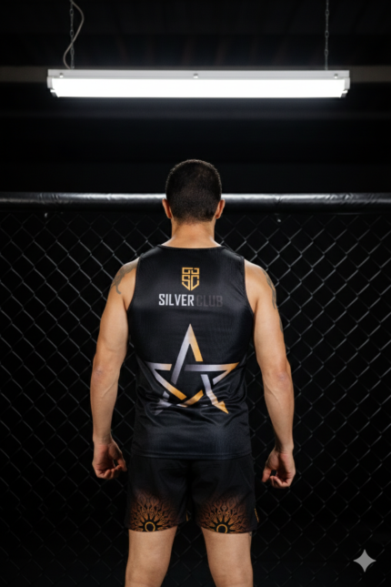 Combattant portant un ensemble débardeur Moroccan Punch noir avec carte du Maroc dorée dans une cage MMA premium, tenue idéale pour Muay Thai, fitness, CrossFit et sports de combat
