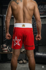 Short de combat Moroccan Punch rouge et blanc avec motifs marocains traditionnels, porté par un athlète dans une salle MMA premium, idéal pour Muay Thai, Jiu Jitsu, CrossFit et sports de combat