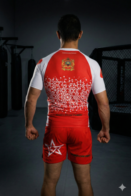 Combattant portant un ensemble Moroccan Punch rouge et blanc avec étoile marocaine et motifs traditionnels dans une salle de sport premium, tenue idéale pour MMA, Muay Thai, Jiu Jitsu et CrossFit.