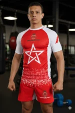 Combattant portant un ensemble Moroccan Punch rouge et blanc avec étoile marocaine et motifs traditionnels dans une salle de sport premium, tenue idéale pour MMA, Muay Thai, Jiu Jitsu et CrossFit.