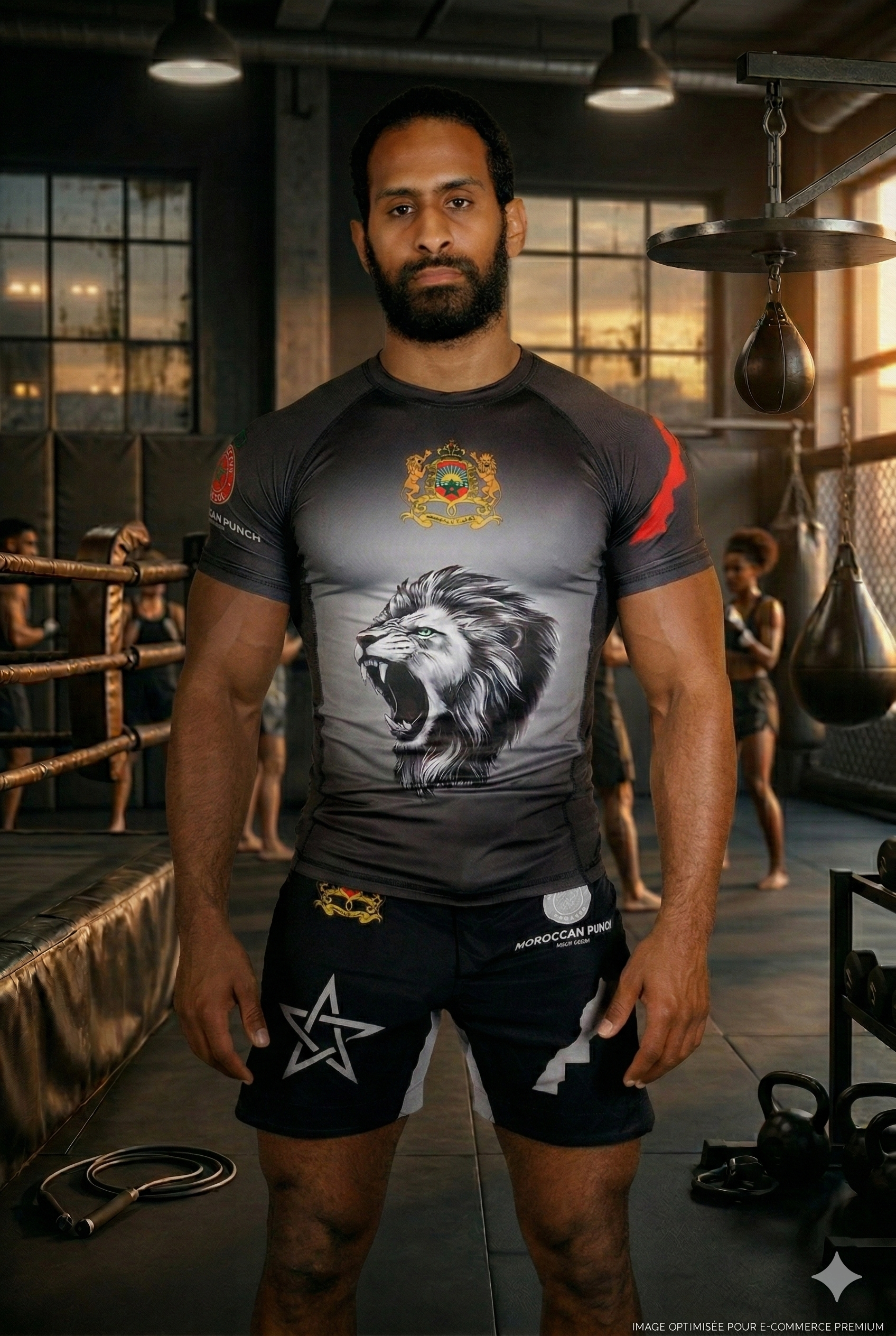 Moroccan Punch Fight Gear Rashguard MMA Jiujitsu Crossfit Muay thai Combattant portant un ensemble Moroccan Punch noir et gris avec rashguard lion Atlas dans une salle MMA premium, tenue idéale pour Jiu Jitsu, Muay Thai, CrossFit et sports de combat.