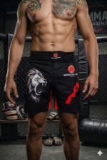 Short de combat Moroccan Punch noir avec lion Atlas et carte du Maroc rouge, porté dans une cage MMA premium, idéal pour Muay Thai, Jiu Jitsu, MMA et CrossFit