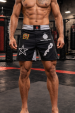 Short de combat Moroccan Punch noir et gris avec étoile marocaine et carte du Maroc, porté dans une salle MMA premium, idéal pour Muay Thai, Jiu Jitsu, CrossFit et sports de combat