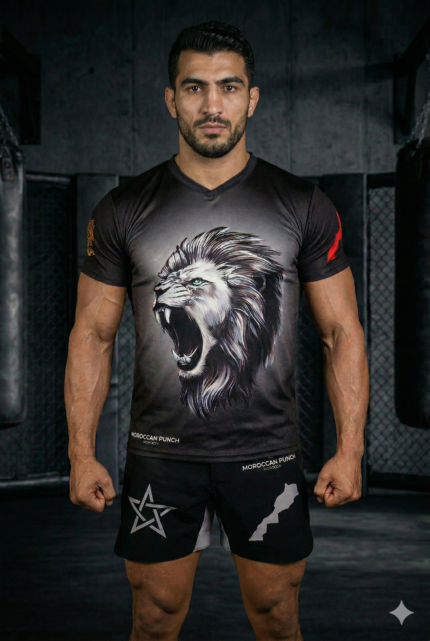 Combattant portant un ensemble Moroccan Punch noir avec lion Atlas et symboles du Maroc dans une salle MMA premium, tenue idéale pour Muay Thai, Jiu Jitsu, MMA et sports de combat.