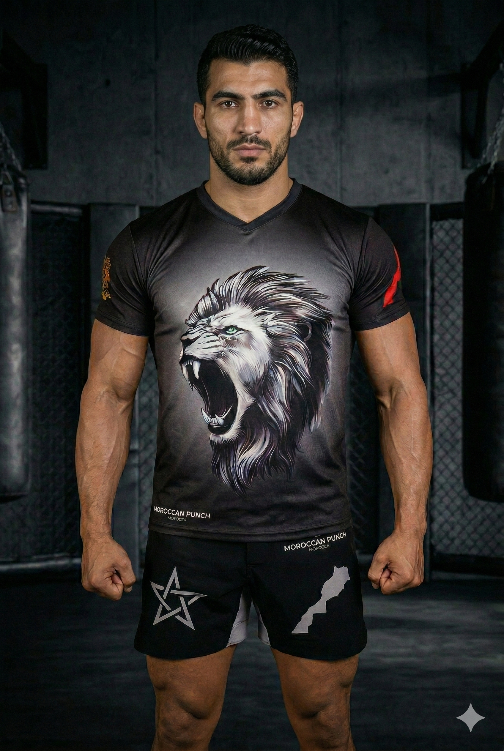 Moroccan Punch Fight Gear MMA Muay Thai jiu jitsu crossfit Atlas lion Wear Martial Arts Martial art Combattant portant un ensemble Moroccan Punch noir avec lion Atlas et symboles du Maroc dans une salle MMA premium, tenue idéale pour Muay Thai, Jiu Jitsu, MMA et sports de combat.