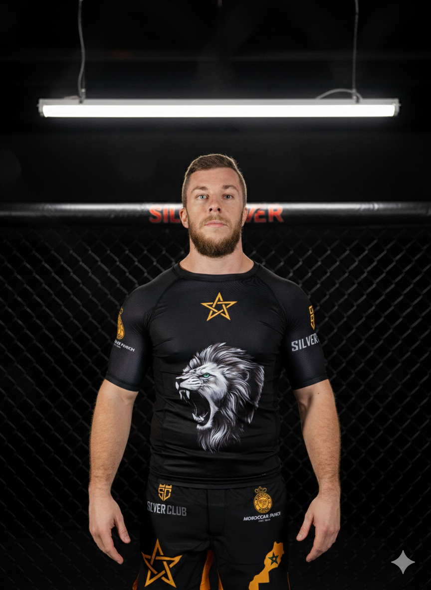 Moroccan Punch Fight Gear MMA Muay Thai jiu jitsu crossfit Rashguard Wear Martial Arts Martial art Spécial édition Combattant portant un ensemble rashguard Moroccan Punch x Silver Club noir avec lion Atlas et étoile marocaine dorée dans une cage MMA premium, tenue idéale pour Jiu Jitsu, MMA, Muay Thai et sports de combat