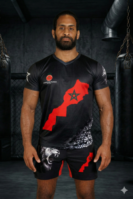 Combattant portant un ensemble Moroccan Punch noir avec carte du Maroc rouge et lion Atlas dans une salle MMA premium, tenue idéale pour Muay Thai, Jiu Jitsu, MMA et sports de combat