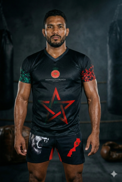 Combattant portant un ensemble Moroccan Punch noir avec étoile marocaine rouge dans une salle de boxe premium, tenue idéale pour MMA, Muay Thai, Jiu Jitsu et sports de combat