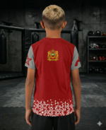 T-shirt enfant Moroccan Punch rouge avec lion Atlas et symboles du Maroc, porté dans une salle MMA premium, vêtement junior idéal pour sports de combat, fitness et lifestyle sportif.