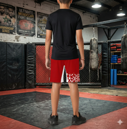Short enfant Moroccan Punch rouge avec étoile marocaine blanche, porté dans une cage MMA, tenue junior idéale pour sports de combat, fitness, Muay Thai et Jiu Jitsu