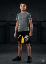 Short enfant Moroccan Punch noir et jaune avec lion Atlas et carte du Maroc, porté dans une cage MMA, tenue junior idéale pour sports de combat, Muay Thai, Jiu Jitsu et CrossFit.