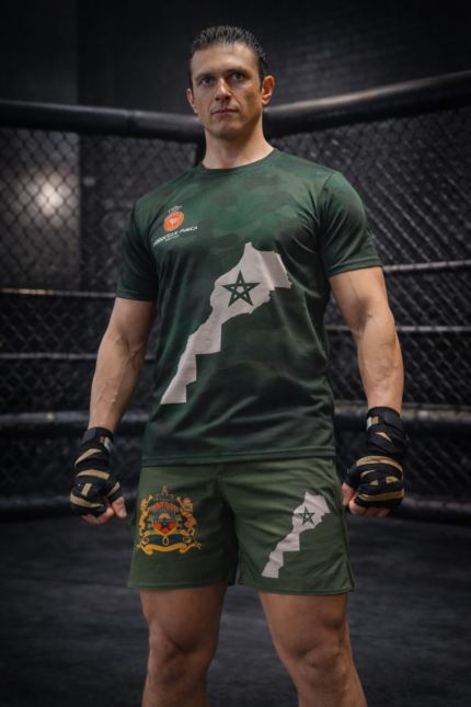 Combattant portant un ensemble Moroccan Punch camouflage vert avec carte du Maroc dans une cage MMA, tenue fightwear idéale pour Muay Thai, Jiu Jitsu, CrossFit et sports de combat