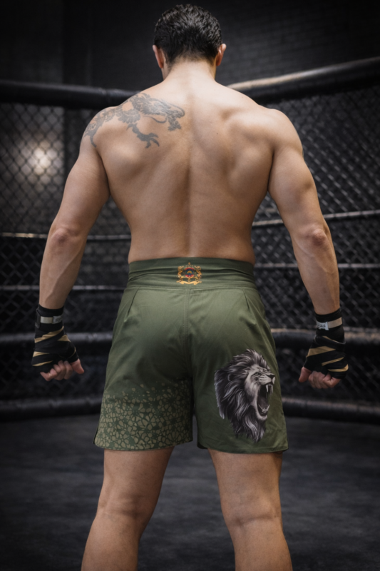 Short MMA Moroccan Punch kaky avec emblème marocain et carte du Maroc, porté par un combattant dans une cage MMA, idéal pour Jiu Jitsu, Muay Thai, CrossFit et sports de combat.