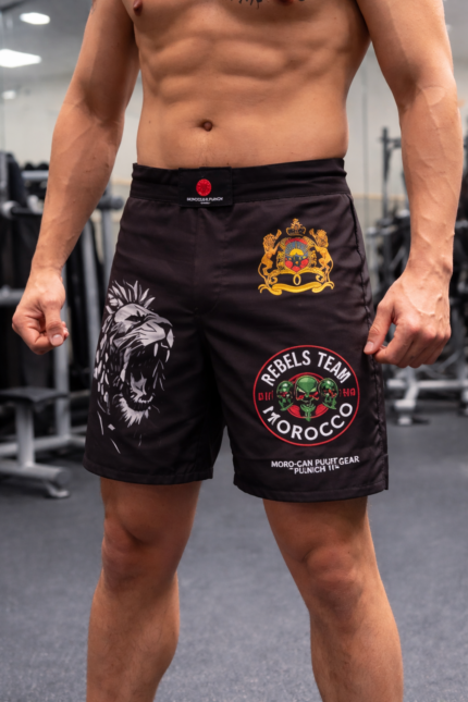 Short MMA Moroccan Punch noir avec design lion Atlas et logo Rebels Team Morocco porté par un athlète dans une salle de sport, idéal pour Muay Thai, Jiu Jitsu, CrossFit et sports de combat.